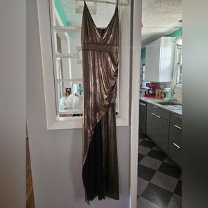 Metallic Bronze Asymmetrical Evening Gown